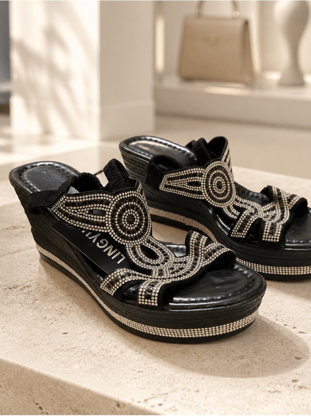 Lingva Black Rhinestone Wedge Sandals